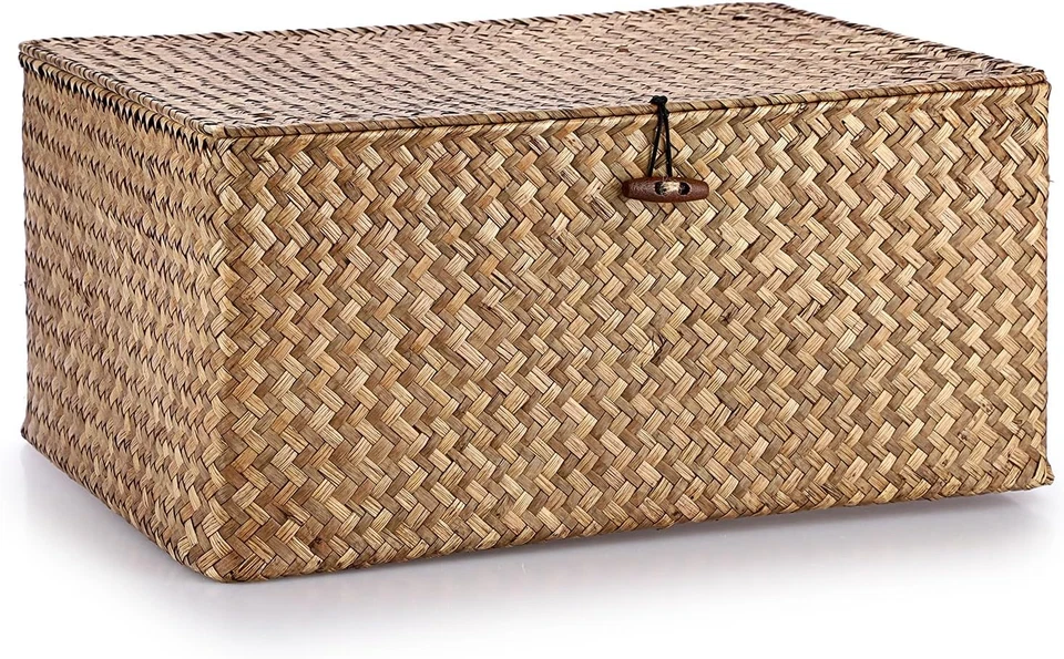 Cesto Portaoggetti in Vimini Intrecciato Con Coperchio, Rettangolare, per Bagno, - Immagine 1 di 4