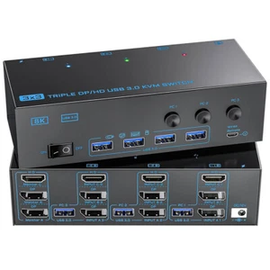 Triple DisplayPort HDMI KVM Switch 8K@60Hz 4 USB 3.0 Port 3 Monitors 3 Computers - Picture 1 of 20