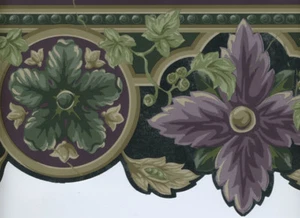 ARCHITECTURAL BLACK , PURPLE , AND GREEN LAEF SCULPTURED WALLPAPER BORDER - Picture 1 of 1
