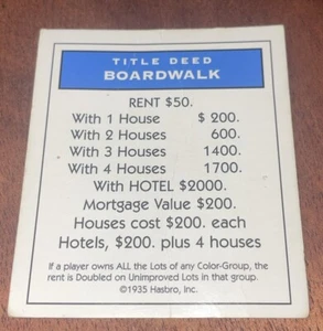 1998 Monopoly Deluxe Edition Game Boardwalk Deed Card Replacement Piece - Picture 1 of 4
