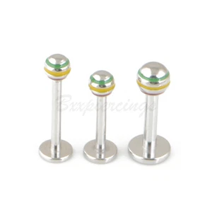 2pc 14g 16g Rasta Jamaican Stripe with SPIKE/ BALL Steel LABRET MONROE LIP BAR - Picture 1 of 2