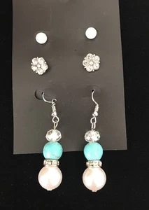 3 Three pair Earring Set Pierced Ears Rhodium Plated Crystal Turquoise Pearl - Picture 1 of 1