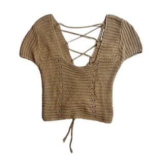 Tan Crochet Top Tie Up Open Back Sz Large - Picture 1 of 3