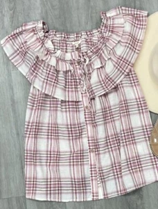 Easel pink plaid ruffle top shirt Boho Boutique off shoulder button up Small NWT - Picture 1 of 5