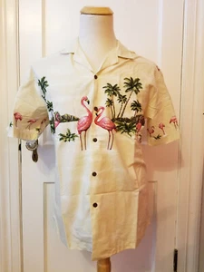 Mens Ky’s Beige Flamingo & Palm Tree Hawaiian Button Up Shirt Size L 100% Cotton - Picture 1 of 7