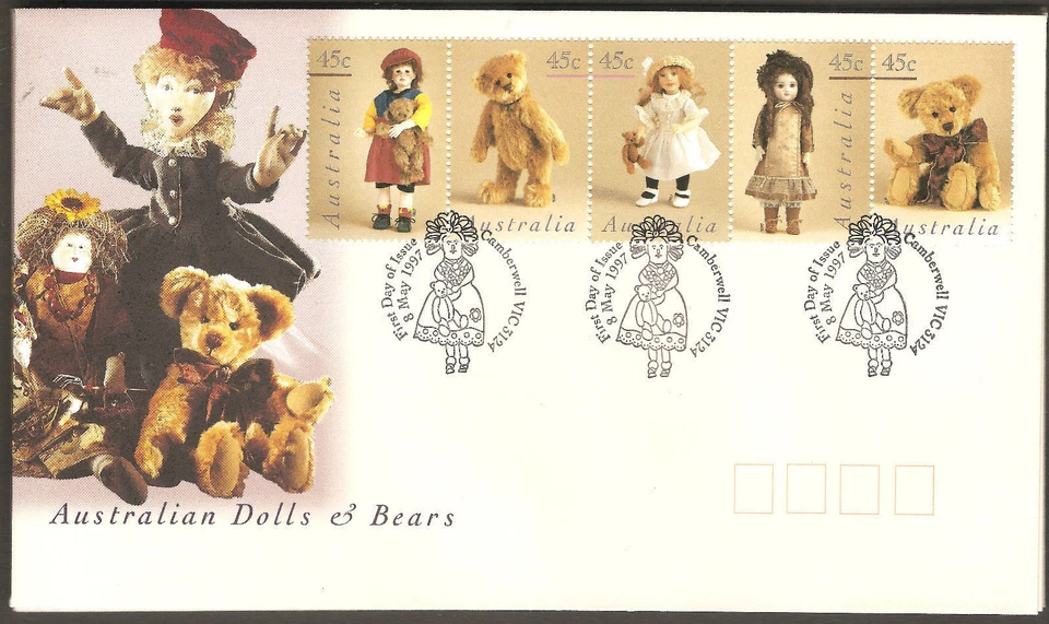 Estampillas de muñecas y osos de peluche hechas a mano Kaye Wiggs Jennifer Laing Australia FDC Foto 1 de 1