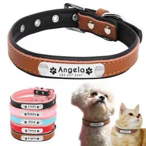 Personalised Dog Collar Soft Padded PU Leather Adjustable Small Dogs Puppy Cat  - Picture 1 of 16