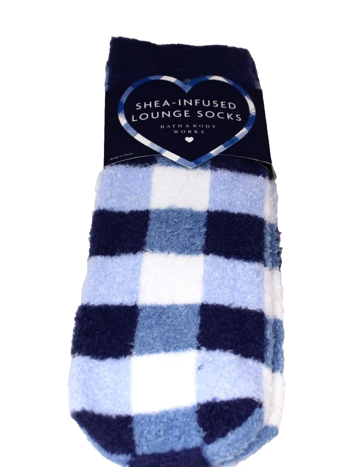 Bath Body Works Blue Gingham Shea Infused Socks Non Slip Lounge One Size New - Image 1 of 1
