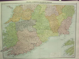1920 LARGE MAP ~ IRELAND MUNSTER& SOUTH LEINSTER CORK LIMERICK TIPPERARY CLARE - Picture 1 of 1