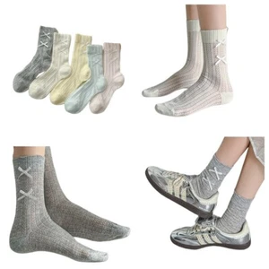 Women Cute Solid Bow Lace Mesh Mid Calf Tube Socks Thin Breathable Socks 5 Pairs - Picture 1 of 11