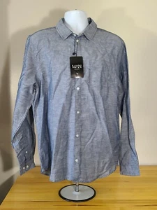 NWT Boohoo Man Asos Blue Linen Cotton Button Down Shirt XL Extra Large - Picture 1 of 4
