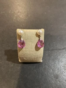 VAHAN ALWAND 10K WHITE GOLD PEARL DIAMOND LAB PINK SAPPHIRE DANGLE EARRINGS WOW! - Picture 1 of 6