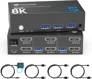 8K HDMI KVM Switch 2 Monitors 2 Computers, 8K@60Hz Dual KVM Switch for 2 - Afbeelding 1 van 8