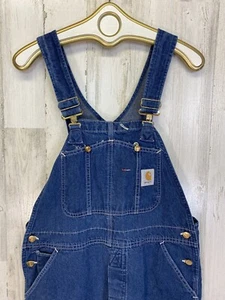 Carhartt Denim Bib Overalls No Size Tag Measures 36” At Waist Button Fly - Picture 1 of 14
