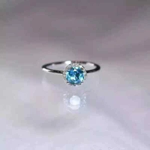 1Ct Round Lab-Created Blue Topaz Wedding Halo Ring 14K White Gold Plated Silver - Picture 1 of 7