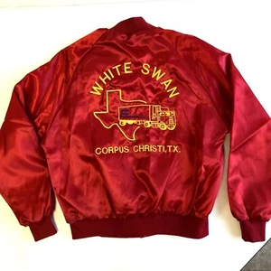Vtg Auburn Red SATIN Shiny Bomber White Swan TRUCK DRIVER Texas Jacket USA L - Picture 1 of 8