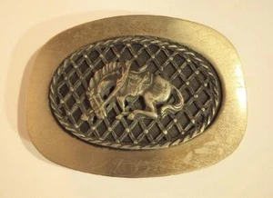 Vintage Western Belt Buckle Bucking Bronco Horse Large Squared Oval Pewter ish - Picture 1 of 3