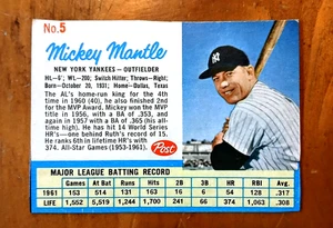 1962 Post Cereal #5 Mickey Mantle - New York Yankees * Outfielder EX - Picture 1 of 3