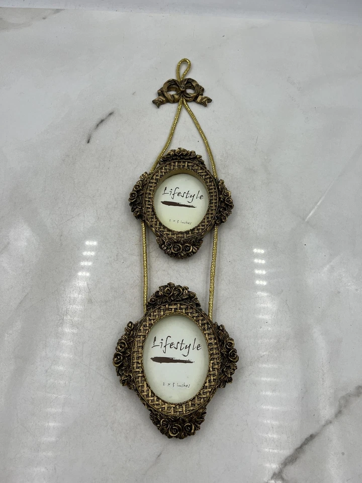 Estilo de vida colgante doble marco de fotos ornamentado dorado rosas arco 2x3 ovalado barroco Foto 1 de 4