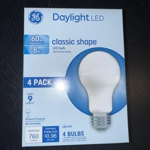 GE Daylight LED Classic Shape A19 Light Bulbs 4 Pack 8W Replace 60W 760 Lumens - Picture 1 of 4