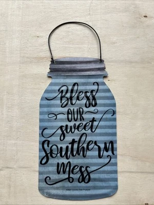 Bless This Southern Mess Mason Jar Shaped Painted Hanging Metal Sign Blue Black - Image 1 of 4