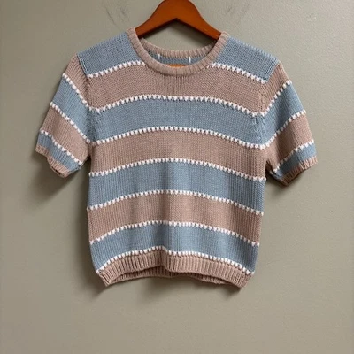 Cottagecore Short Sleeve Sweater Size *S Blue Beige Prairie Bohemian Mori Girl - Image 1 of 4