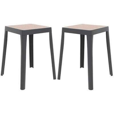 Tresse Stackable Square Plastic Dining Stool with Wicker Top Set of 2 - Image 1 of 4