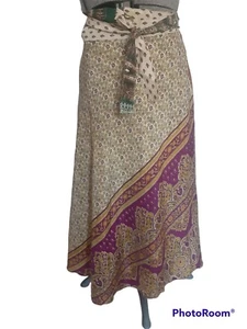 Womens Handmade Sari Wrap Skirt Reversible Floral Parsley Long One Size - Picture 1 of 10