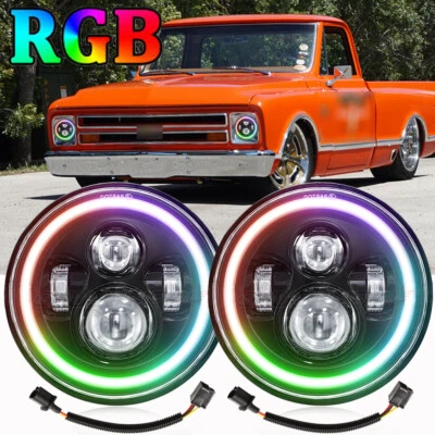 Par de faróis de LED redondos 7 polegadas RGB halo luz DRL para Chevy C10 C20 Pickup Nova - Imagem 1 de 4