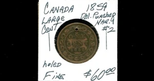 CENTAVO GRANDE CANADÁ 1859 Doble Perforado Estrecho 9 #2, en Buen Estado con Agujero Superior - Imagen 1 de 2