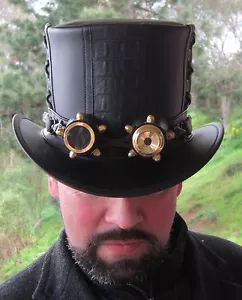 BLACK CROC PRINT LEATHER GOTHIC / GOTH STEAMPUNK RETRO TOP HAT AVIATOR GOGGLES - Picture 1 of 3
