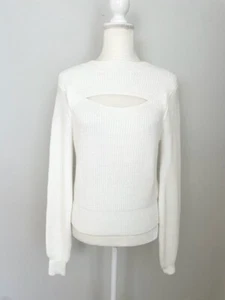 Dee Elly Women Knit Sweater Top Size S White Crew Neck Cut Out Front Long Sleeve - Picture 1 of 13