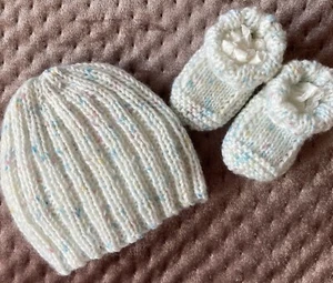 Beanie & Booties Set. Multicolour Hand-knitted by me. Newborn Baby Cute and Soft - Picture 1 of 6
