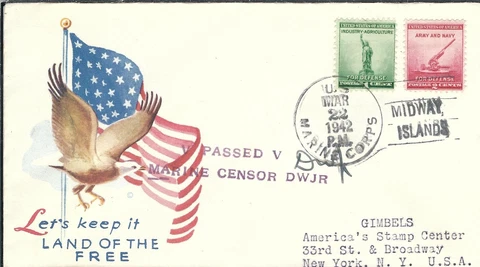 U.S. Marines, Midway Island to New York, NY 1942 Censored (n7209) Cover