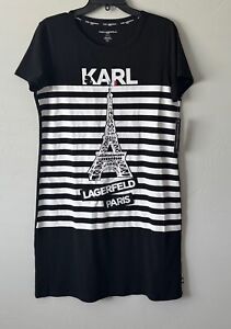 NWT KARL LAGERFELD PARIS Women Black White Striped Logo T-Shirt Dress Size M