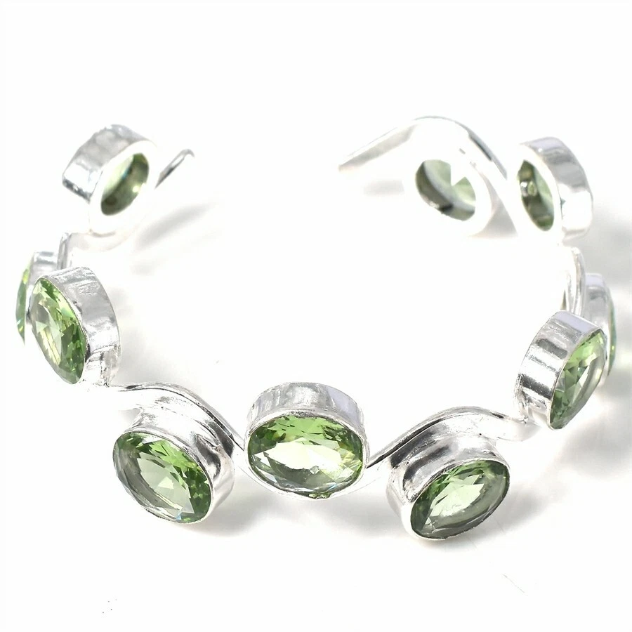 Brazalete ajustable de plata de ley 925 hecho a mano con piedras preciosas de amatista verde Foto 1 de 1