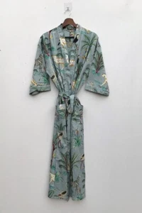 Cotton Kimono Robe Dressing Gown, Block Print Bridesmaid Robe, Summer Nightwear - Picture 1 of 6