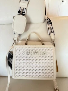 NWT STEVE MADDEN BEVELYN STRAW SATCHEL CROSSBODY BAG W AIR POD CASE WHITE - Picture 1 of 6
