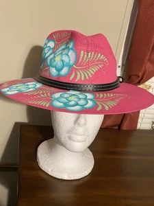 Fedora M Rosa Pintado a Mano Floral Bohemio México Sombrero de Paja  - Imagen 1 de 8