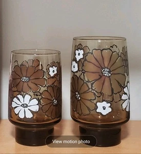 Vasos de beber vintage marrón Libbey camelias tawny, dos tamaños años 70 MCM retro - Imagen 1 de 6