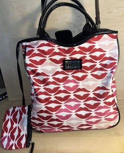 Lulu Guinness Shoulder Bag Shopper Tote white black patent trim Red Pink Lips - Picture 1 of 8