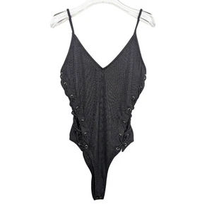 Forever 21 Dukes Of Dallas Body schwarz V-Ausschnitt gerippt Schnürung Seiten ärmellos - Bild 1 von 10