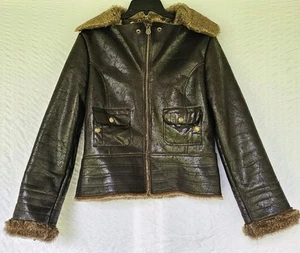 Y2K Guess Faux Leather Fur Jacket Womens Large Brown Distressed Cut Neck Grunge - Picture 1 of 15