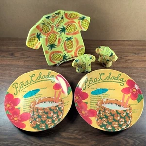 Tommy Bahama Melamine Plates, Pineapple Ceramic Shirt Salt & Pepper Trinket Dish - Picture 1 of 20