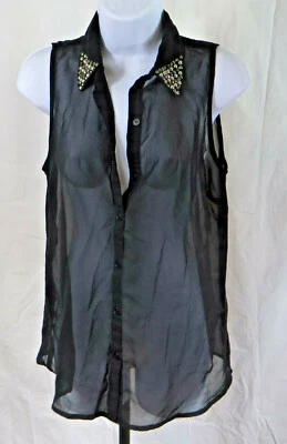 Camisa Top Negra Sin Mangas Transparente Rosa de Té para Mujer Cuello Sutds Talla Med Foto 1 de 3