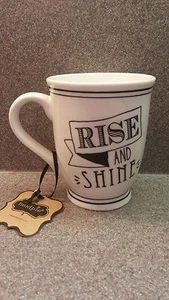 NEW MUD PIE "RISE AND SHINE" CERAMIC COFFEE MUG WHITE WITH BLACK ACCENT - Picture 1 of 5