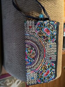 Women’s black with Blue,pink & white Embroidery Long Wallet/wristlet