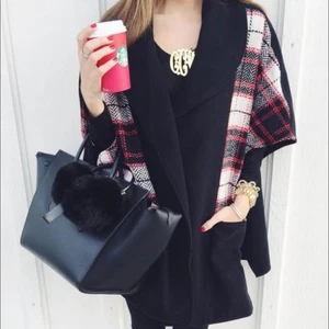 TOP SHOP BLACK RED MIXED CHECK PLAID CAPE JACKET COAT PONCHO ONE SIZE WOMEN'S - Picture 1 of 2