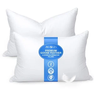 zibroges Goose Feather Pillows Queen Size Set of 2 - Hotel Down Bed Pillow for S - Picture 1 of 9