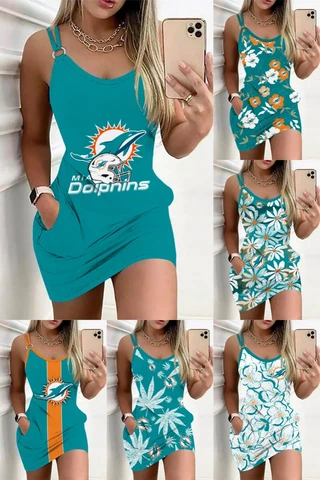 Miami Dolphins Womens Bodycon Slip Dress Casual Deep Neck Beach Short Dress Gift Cover